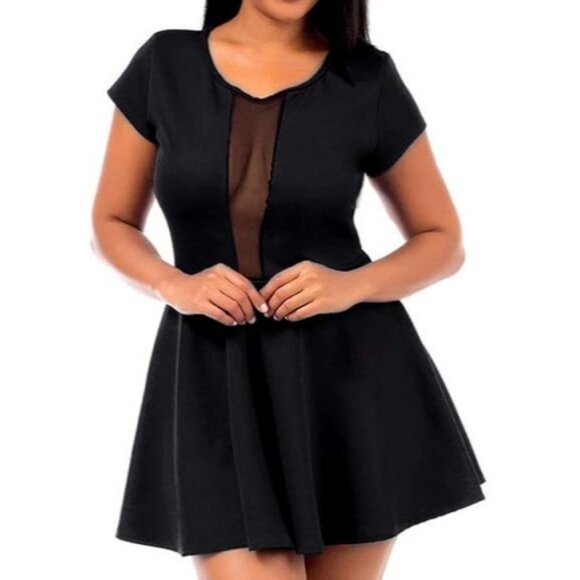 Size 1X 16 SEXY BLACK PEEK-A-BOO MESH PANEL FIT & FLARE DRESS Skater‎ Club PLUS - Picture 1 of 6